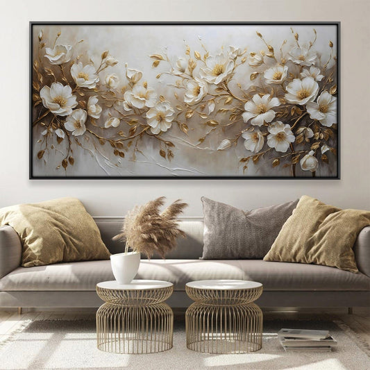 Elegant Floral Oil Painting on Canvas with White Flowers and Gold Accents