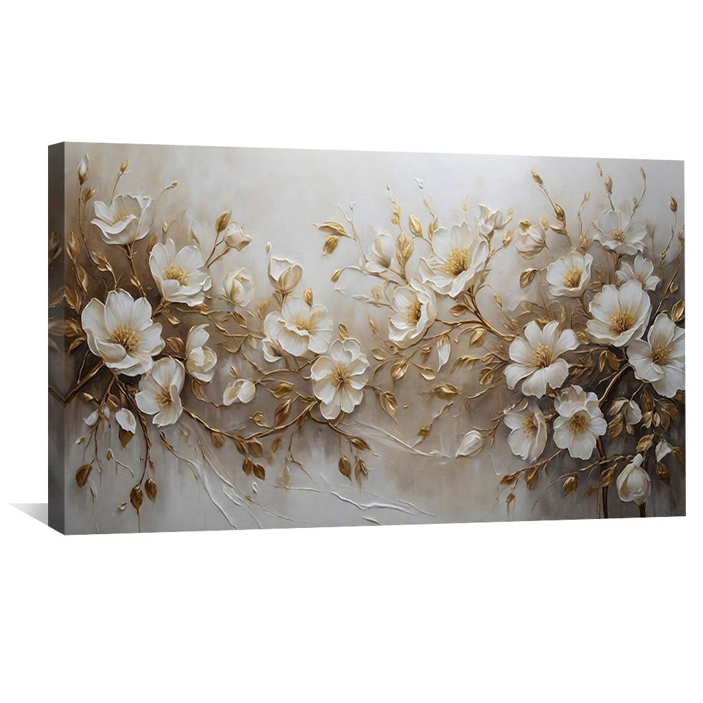 Elegant Floral Oil Painting on Canvas with White Flowers and Gold Accents
