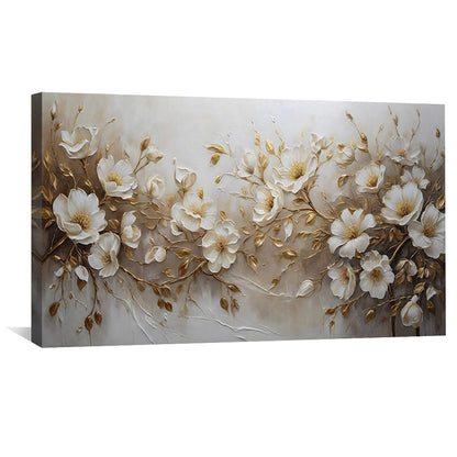 Elegant Floral Oil Painting on Canvas with White Flowers and Gold Accents