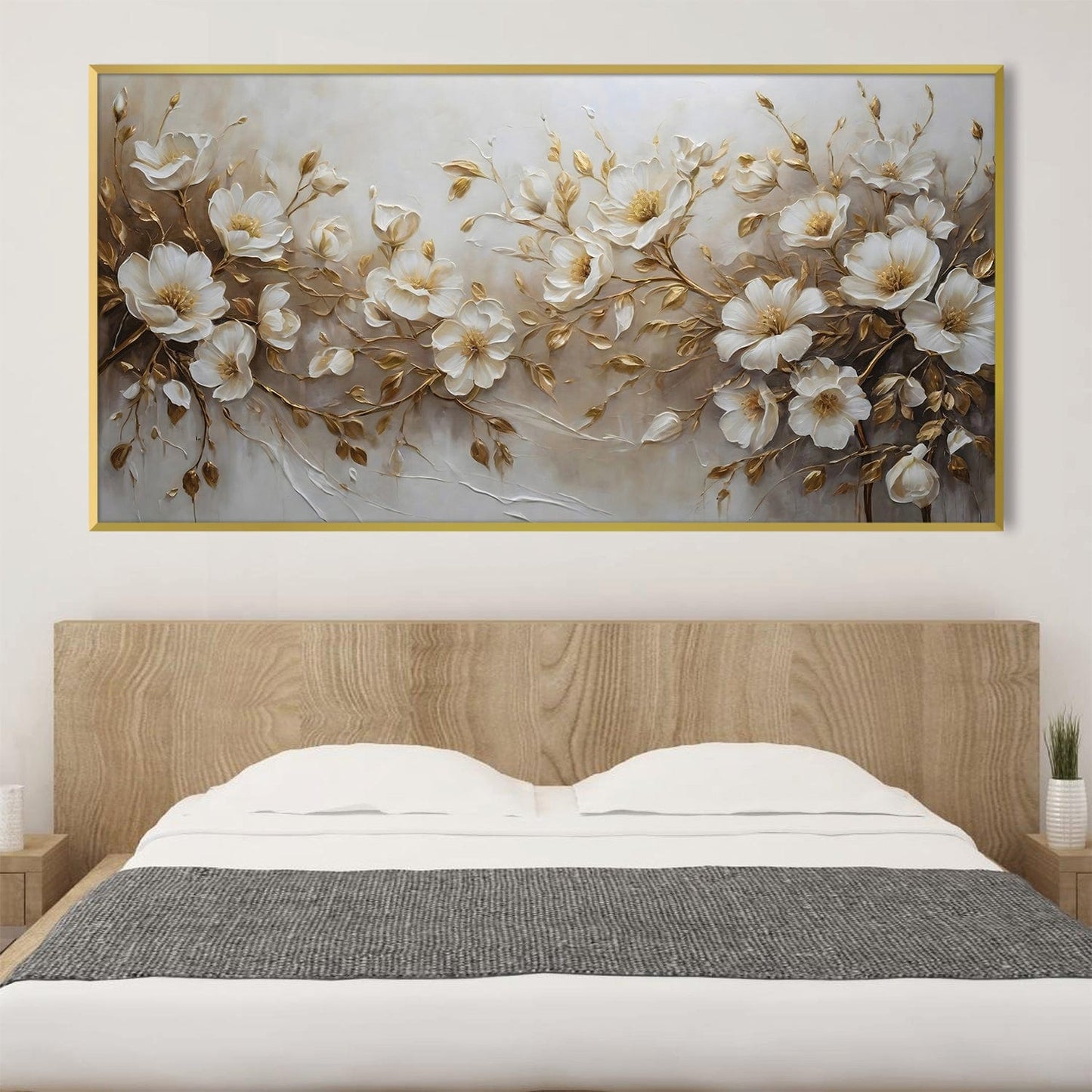 Elegant Floral Oil Painting on Canvas with White Flowers and Gold Accents