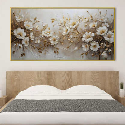 Elegant Floral Oil Painting on Canvas with White Flowers and Gold Accents