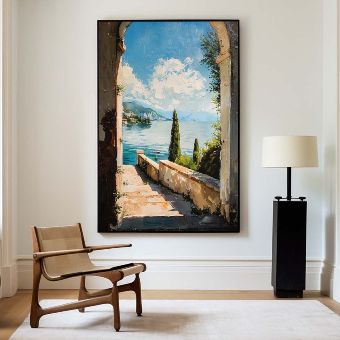 Picturesque Ocean View: Vibrant Oil Painting of Serene Lake and Nature