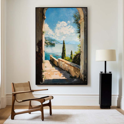 Picturesque Ocean View: Vibrant Oil Painting of Serene Lake and Nature