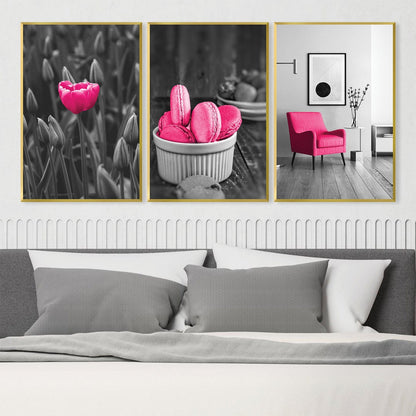 Vibrant Pink Tulip and Macarons - Elegant Modern Oil Painting for Stylish Decor