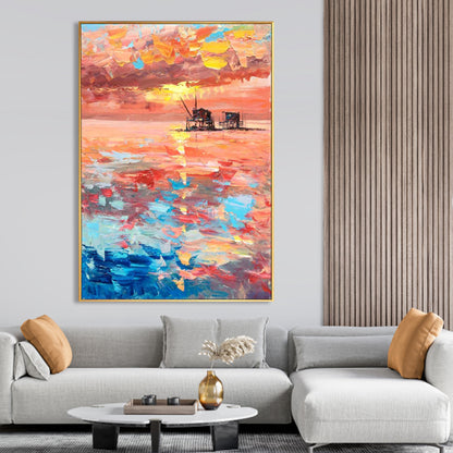 Beautiful Pink Sunset Over Calm Ocean Sky - Vibrant Oil Painting for Home Decor
