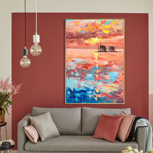 Beautiful Pink Sunset Over Calm Ocean Sky - Vibrant Oil Painting for Home Decor