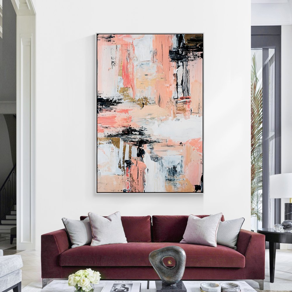 Abstract Pink and Black Oil Painting for Modern Home Decor