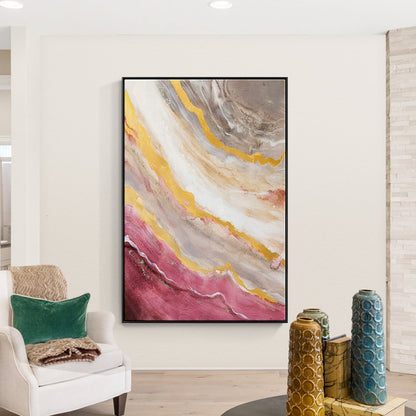 Abstract Pink and Gold Ocean Inspired Oil Painting for Modern Home Decor