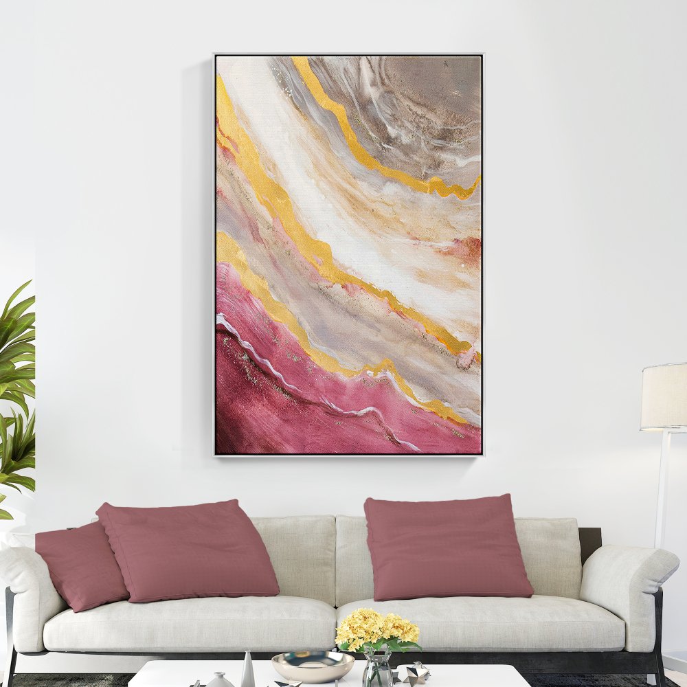 Abstract Pink and Gold Ocean Inspired Oil Painting for Modern Home Decor