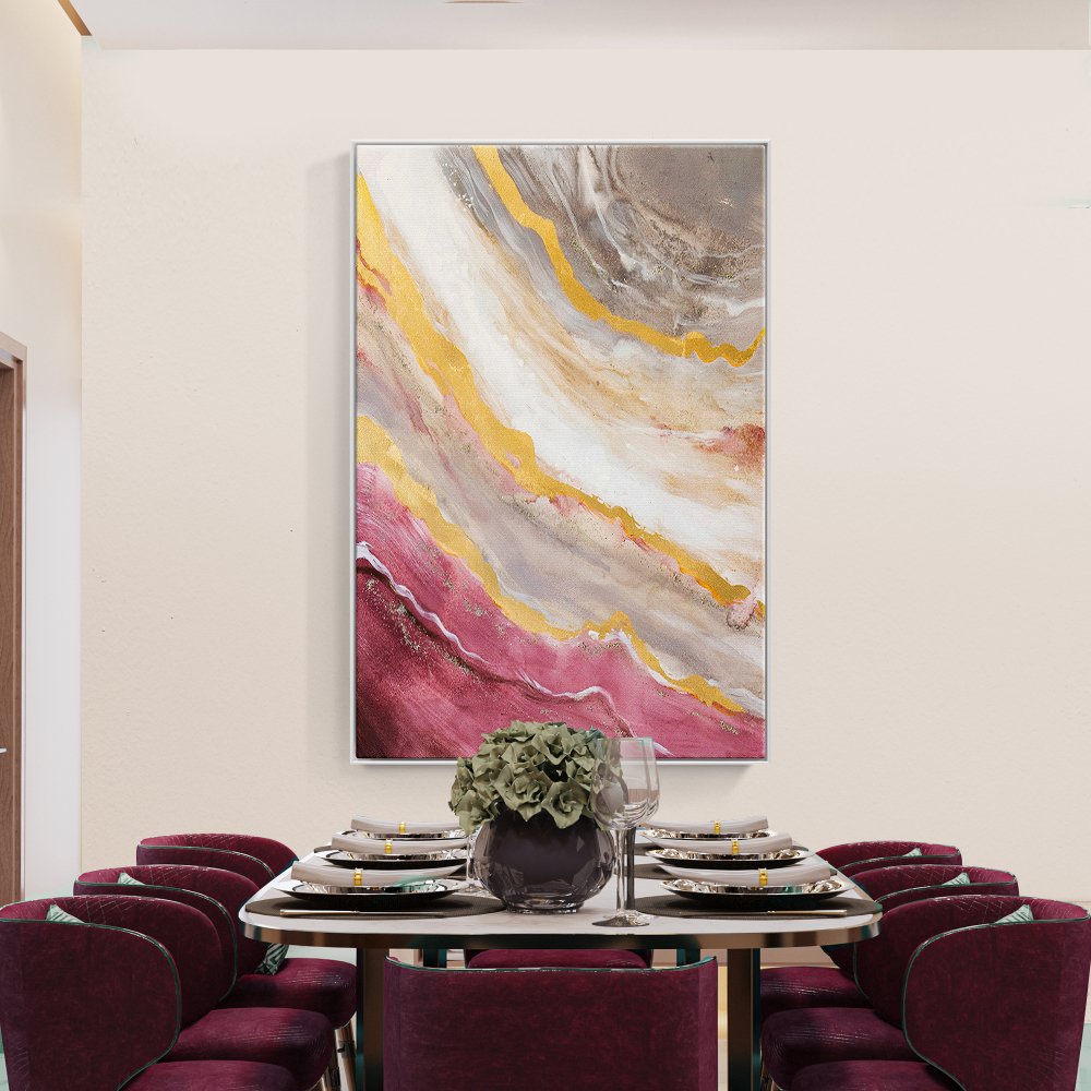 Abstract Pink and Gold Ocean Inspired Oil Painting for Modern Home Decor