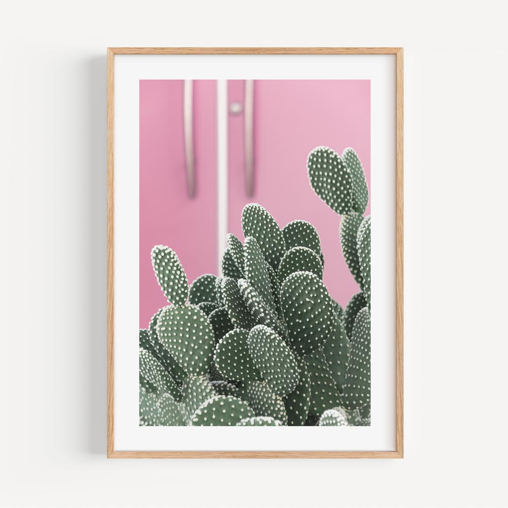 Vibrant Pink Door with Lush Cactus – Colorful Oil Painting for Modern Decor