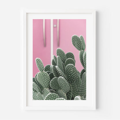 Vibrant Pink Door with Lush Cactus – Colorful Oil Painting for Modern Decor