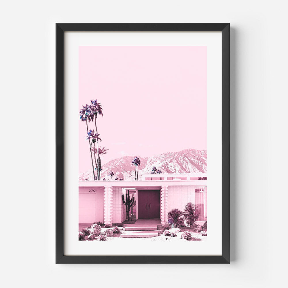 Vibrant Pink House with Palm Trees and Mountain View Oil Painting