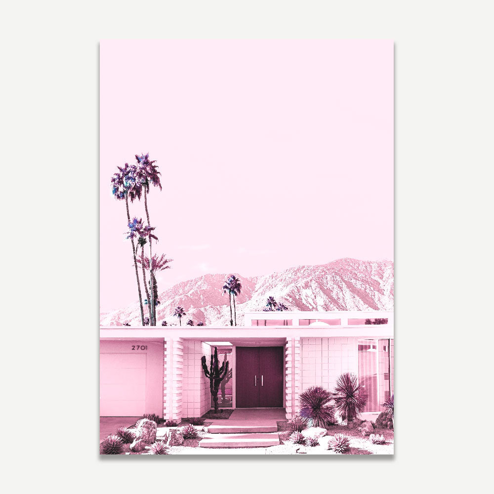 Vibrant Pink House with Palm Trees and Mountain View Oil Painting