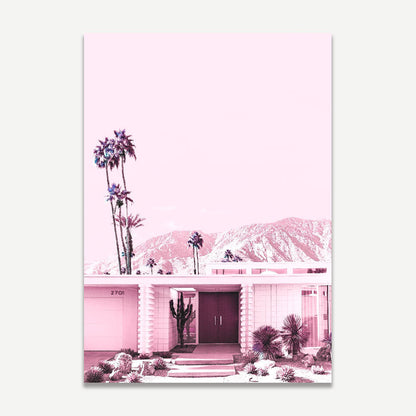 Vibrant Pink House with Palm Trees and Mountain View Oil Painting