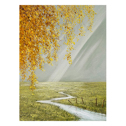 Autumn River Field Mountain Oil Painting 118AR