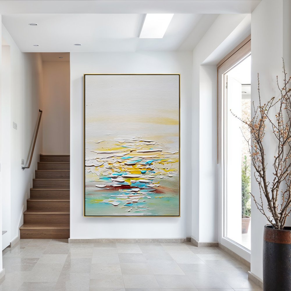 Serene Abstract Ocean Landscape in Warm Yellow and Cool Blue Tones
