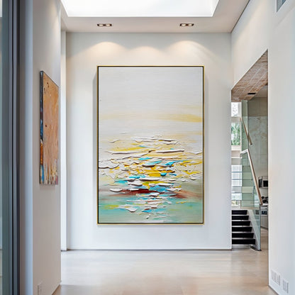 Serene Abstract Ocean Landscape in Warm Yellow and Cool Blue Tones