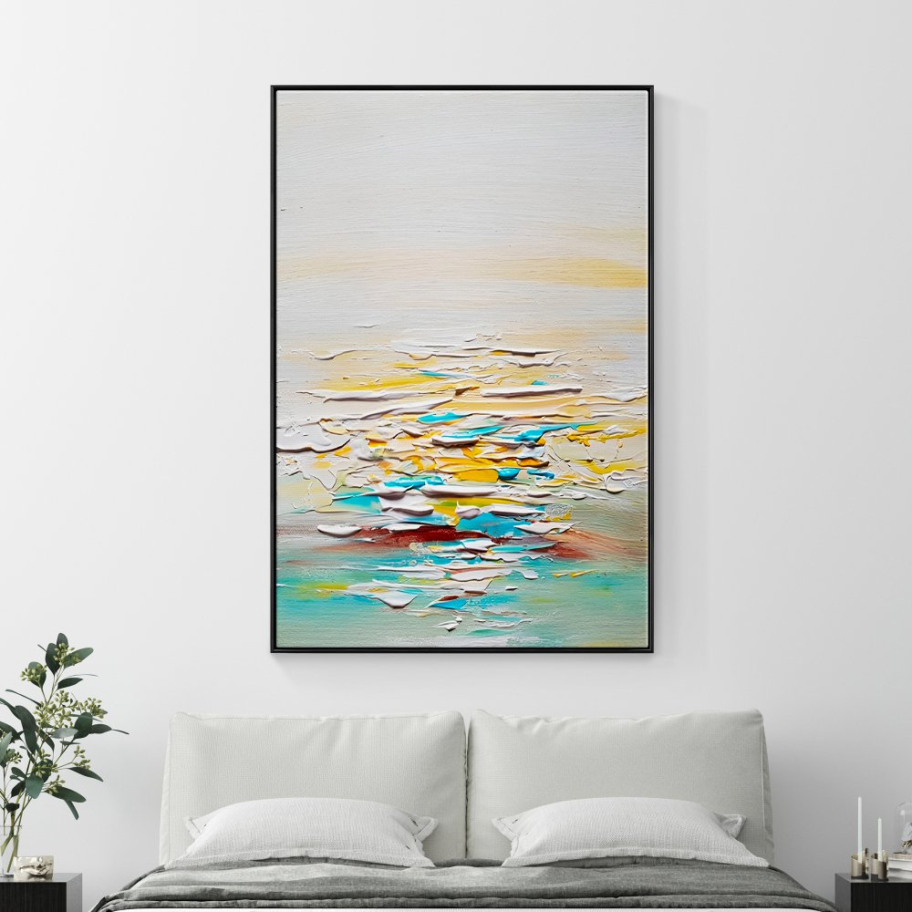 Serene Abstract Ocean Landscape in Warm Yellow and Cool Blue Tones
