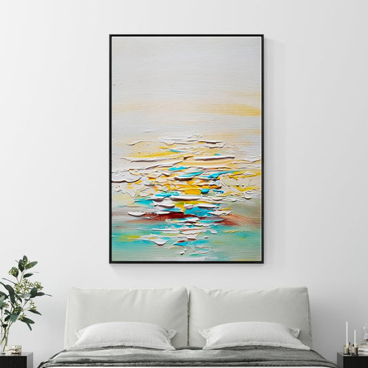Serene Abstract Ocean Landscape in Warm Yellow and Cool Blue Tones
