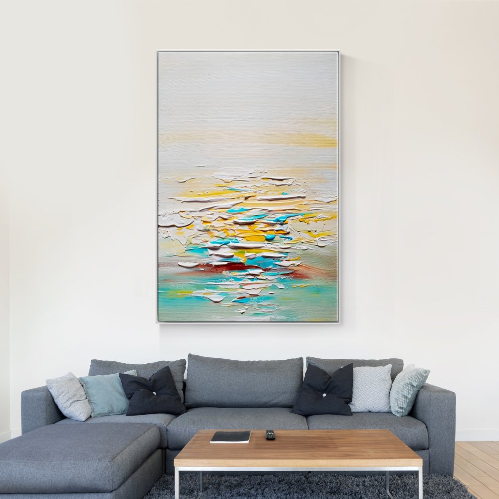 Serene Abstract Ocean Landscape in Warm Yellow and Cool Blue Tones