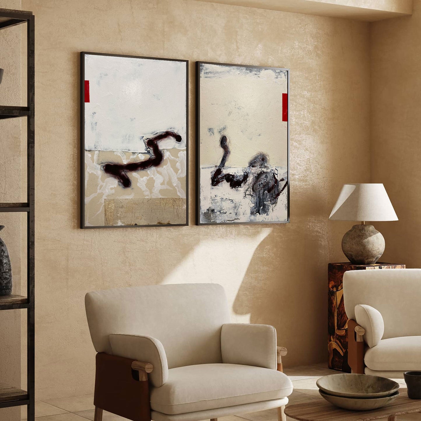 Contemporary Beige Abstract Oil Painting with Dynamic Textures and Shapes