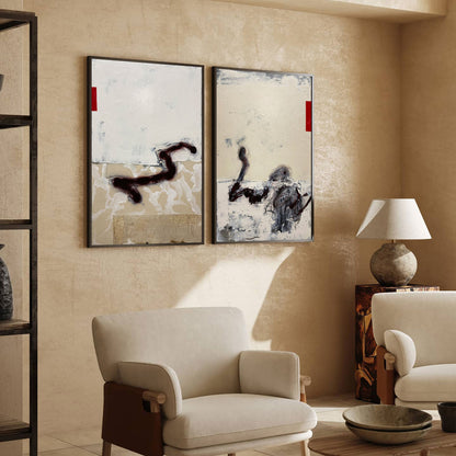 Contemporary Beige Abstract Oil Painting with Dynamic Textures and Shapes