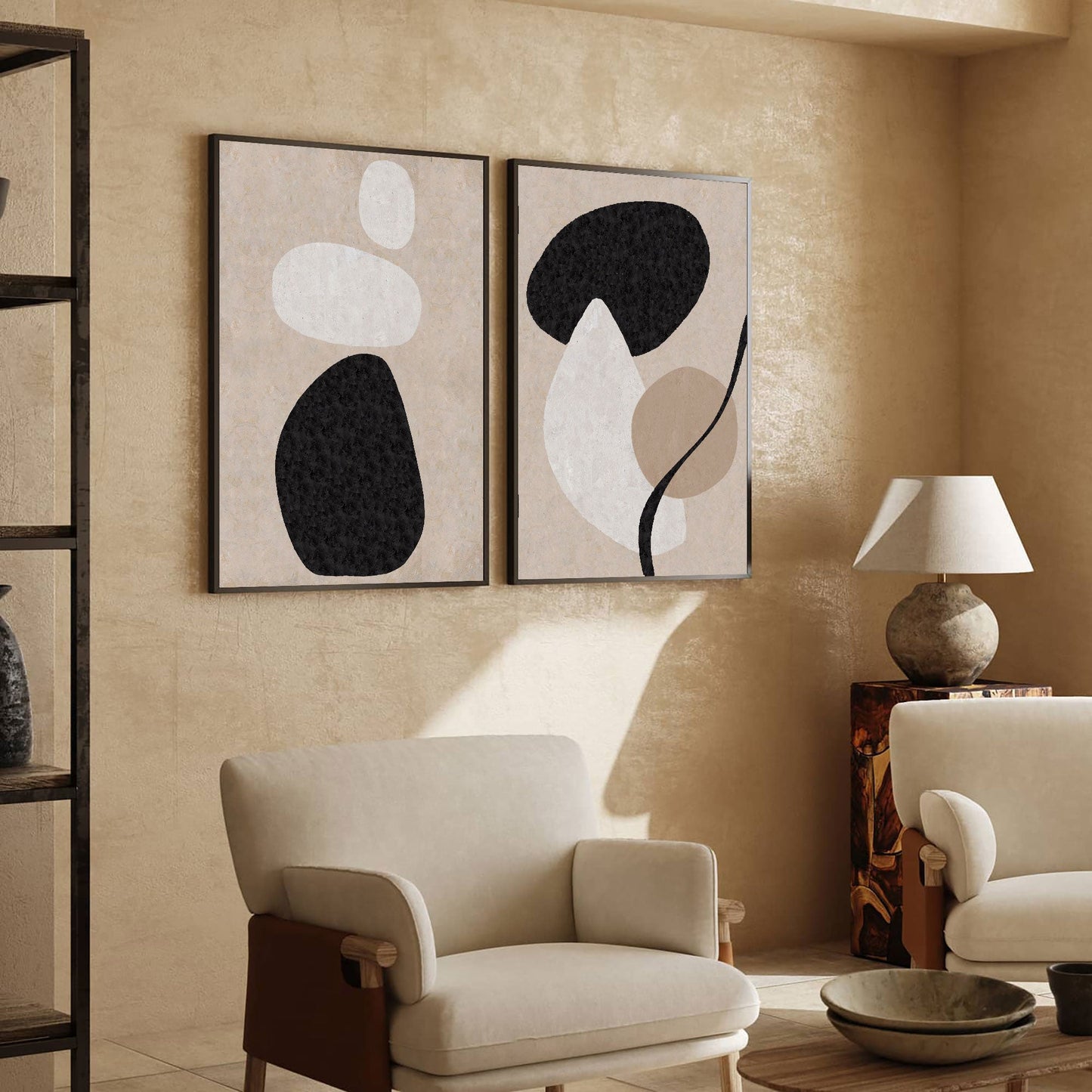 Modern Beige and Black Abstract Oil Painting for Contemporary Home Decor