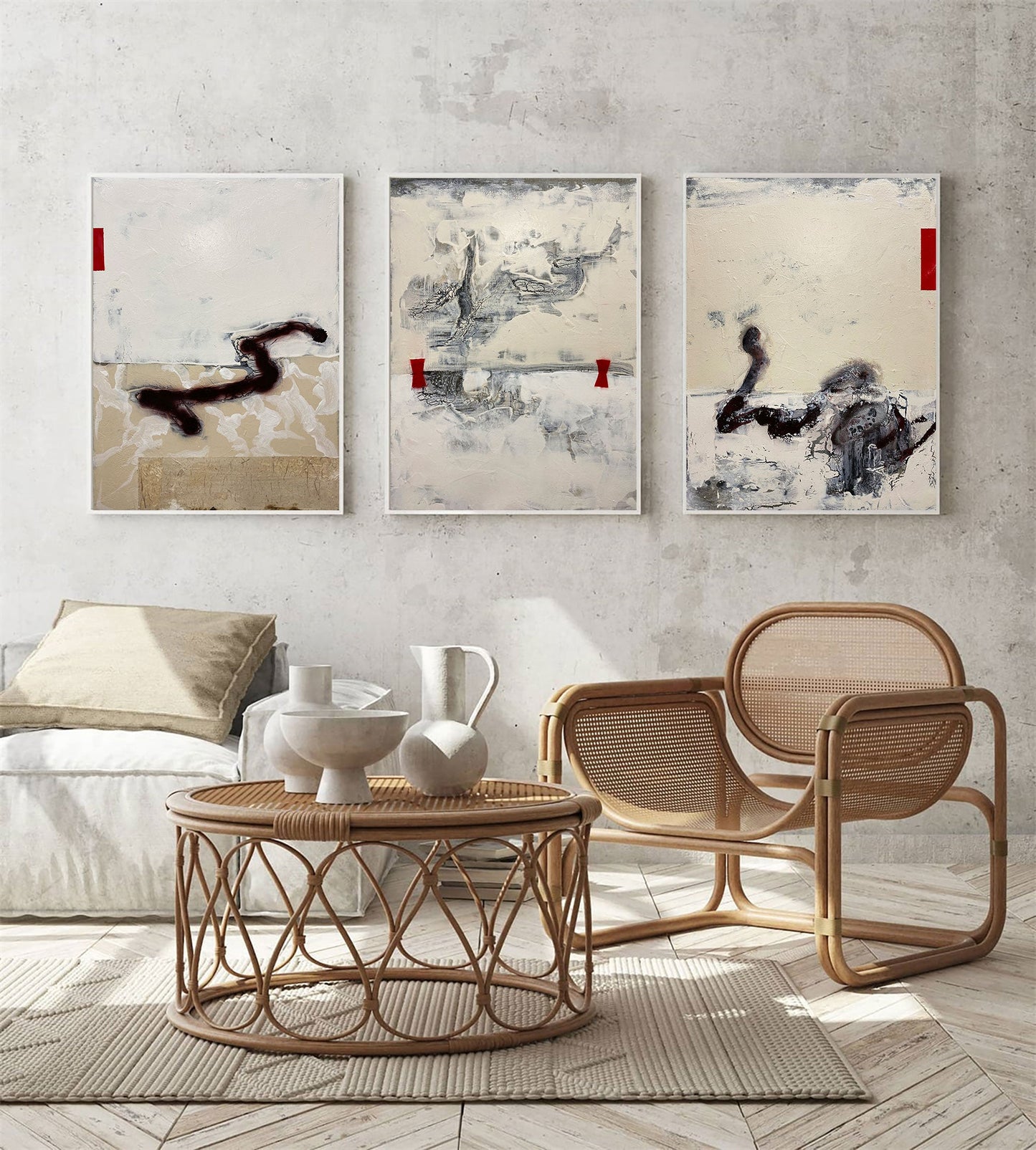Contemporary Beige Abstract Oil Painting with Textured Layers and Bold Accents