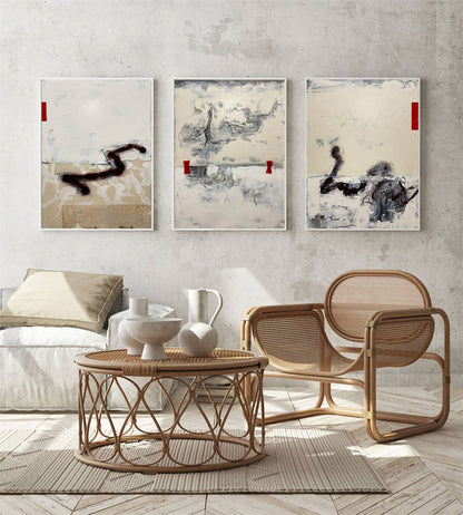 Contemporary Beige Abstract Oil Painting with Textured Layers and Bold Accents