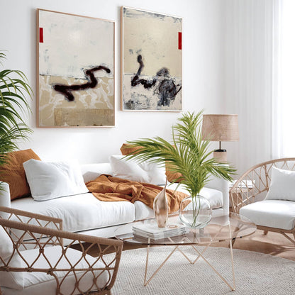 Contemporary Beige Abstract Oil Painting with Dynamic Textures and Shapes