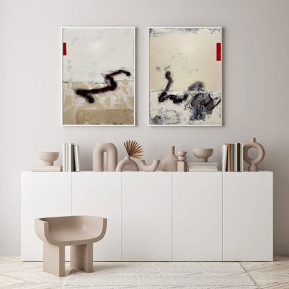 Contemporary Beige Abstract Oil Painting with Dynamic Textures and Shapes