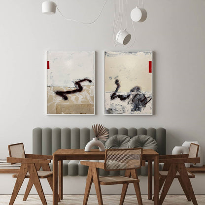 Contemporary Beige Abstract Oil Painting with Dynamic Textures and Shapes