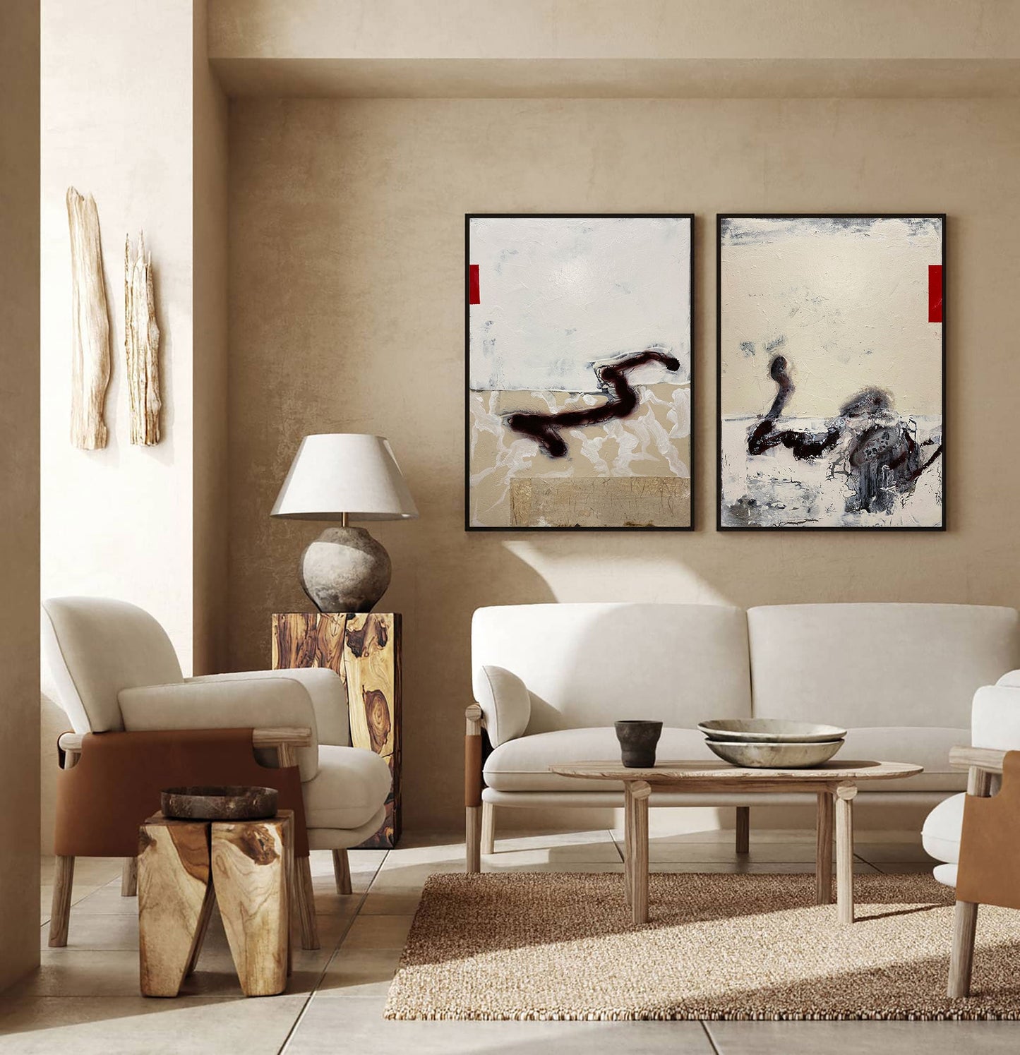 Contemporary Beige Abstract Oil Painting with Dynamic Textures and Shapes