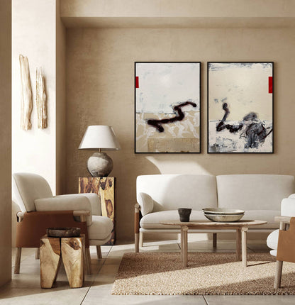 Contemporary Beige Abstract Oil Painting with Dynamic Textures and Shapes