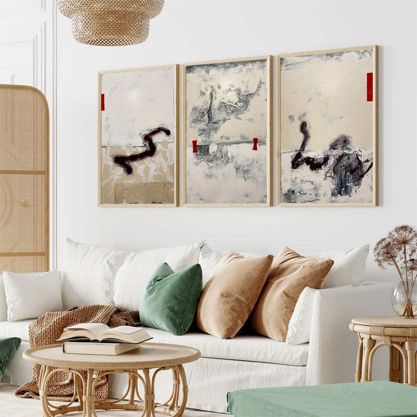 Contemporary Beige Abstract Oil Painting with Textured Layers and Bold Accents