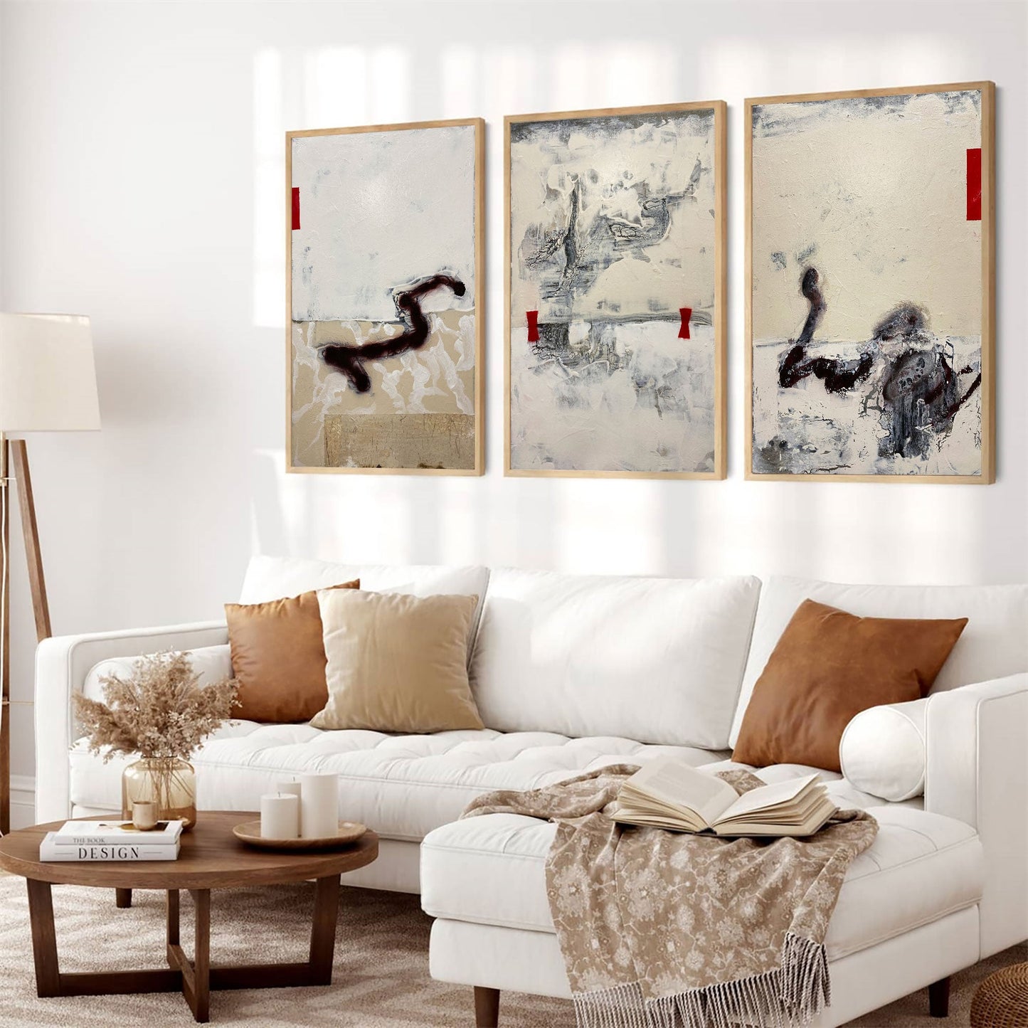 Contemporary Beige Abstract Oil Painting with Textured Layers and Bold Accents