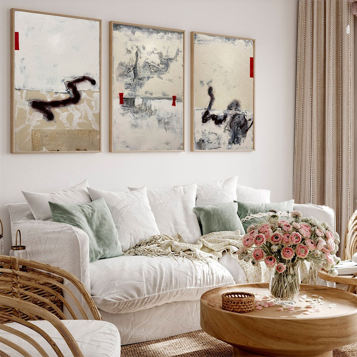 Contemporary Beige Abstract Oil Painting with Textured Layers and Bold Accents