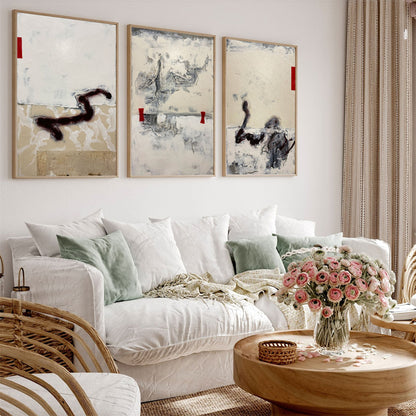 Contemporary Beige Abstract Oil Painting with Textured Layers and Bold Accents