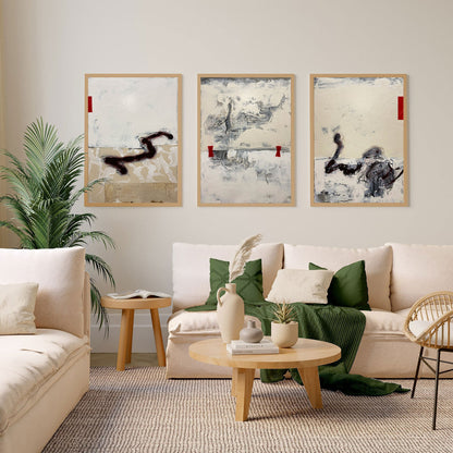 Contemporary Beige Abstract Oil Painting with Textured Layers and Bold Accents