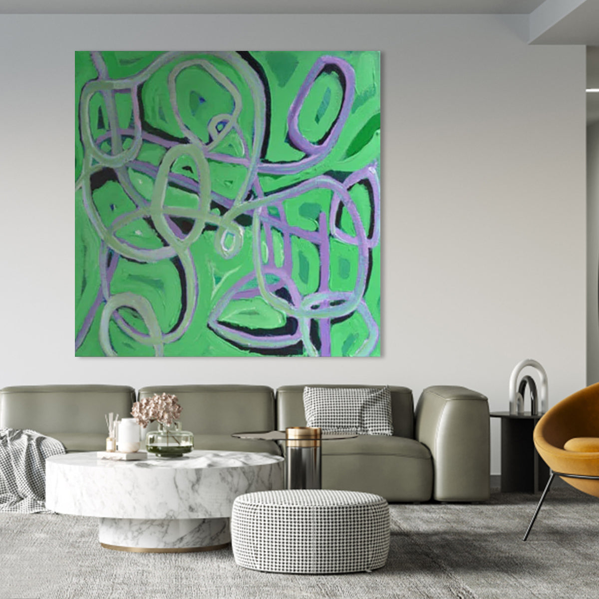 Vibrant Abstract Green Oil Painting with Dynamic Lines for Modern Home Décor