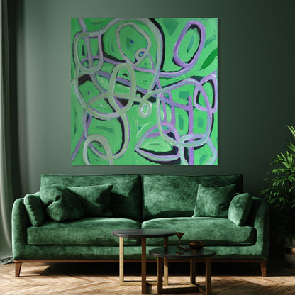 Vibrant Abstract Green Oil Painting with Dynamic Lines for Modern Home Décor