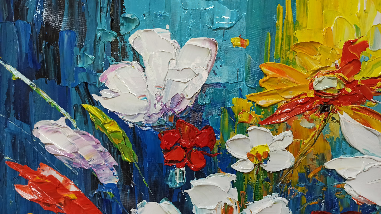 Vibrant Spring Flowers Oil Painting with Blue Green Background for Home Decor