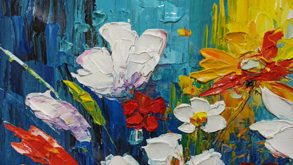 Vibrant Spring Flowers Oil Painting with Blue Green Background for Home Decor