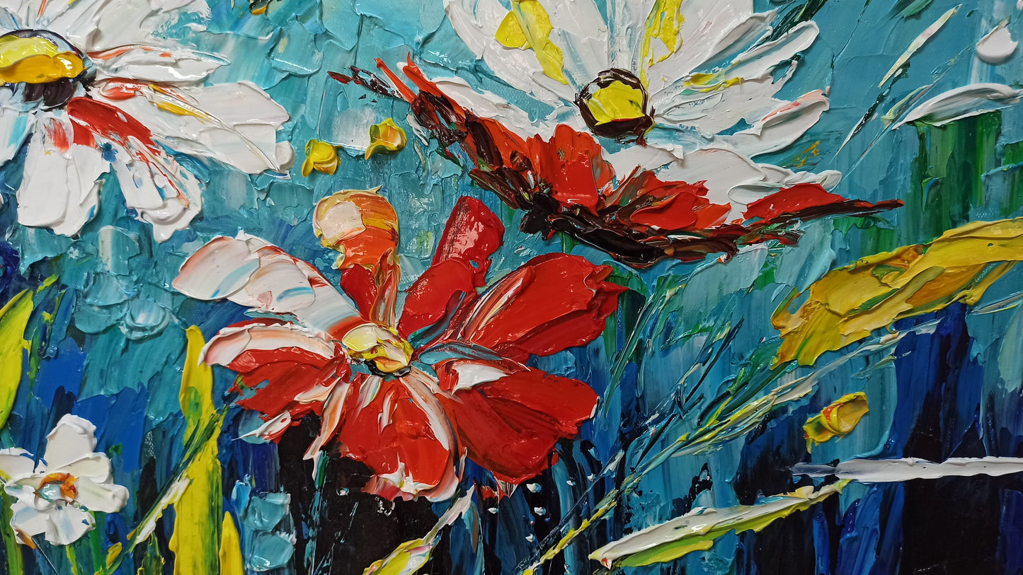 Vibrant Spring Flowers Oil Painting with Blue Green Background for Home Decor