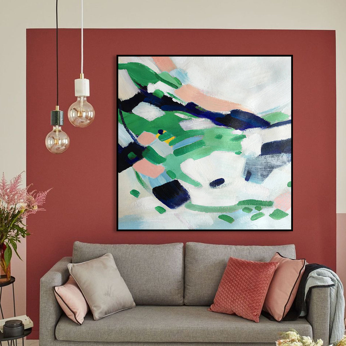 Abstract Landscape Oil Painting with Green and Blue Hues for Modern Decor