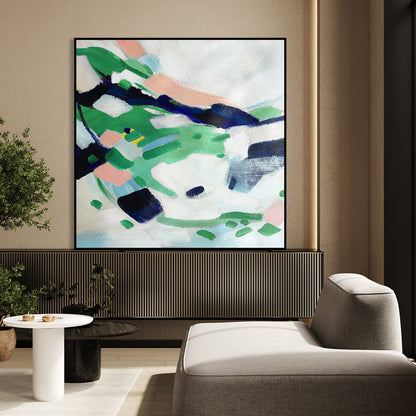 Abstract Landscape Oil Painting with Green and Blue Hues for Modern Decor