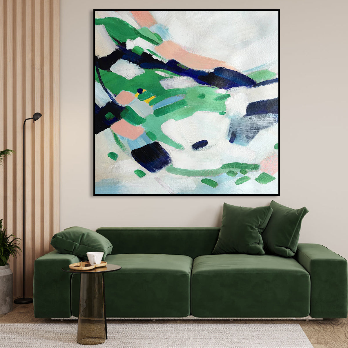 Abstract Landscape Oil Painting with Green and Blue Hues for Modern Decor