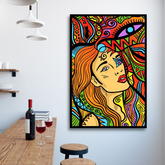 Vibrant Psychedelic Woman Art - Colorful Line Drawing for Modern Home Decor