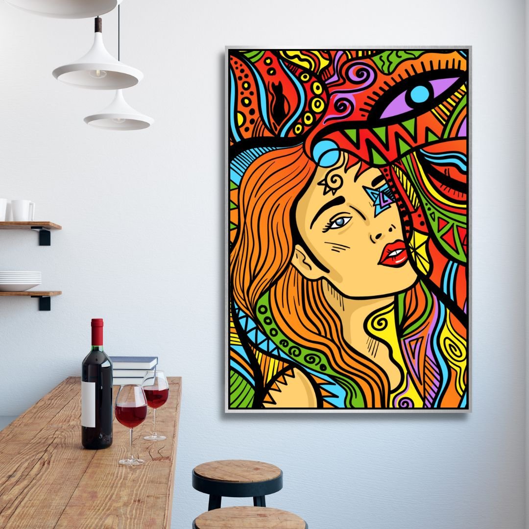 Vibrant Psychedelic Woman Art - Colorful Line Drawing for Modern Home Decor